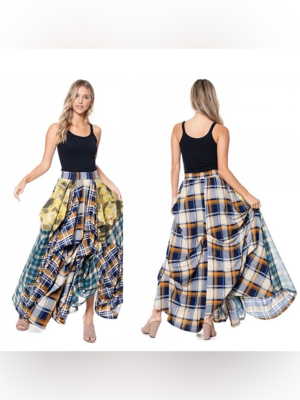 TOV Noir The Damsel's Yellow Plaid Flowing Maxi Skirt Pockets!! Sz EU42 US10 - Picture 12 of 16
